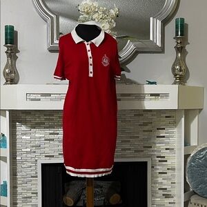 Delta Sigma Theta Red Polo colorblock knit Shirt Dress with White Trim size L